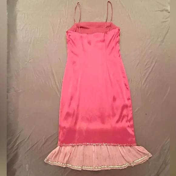 Vintage Y2K Pink Silk Midi Spaghetti Strap Dress with Ruffle Hem Size 4/Small - Picture 7 of 9